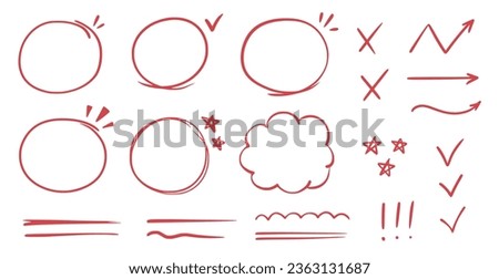 Red line check mark, underline, circle. Hand drawn doodle sketch red marker stroke emphases, highlight, check mark elements. Study focus, important underline, circle sketch. Vector illustration.