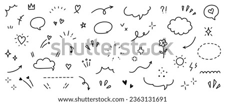 Cute line icon sketch element. Hand drawn line sketch text decoration star sparkle, arrow, heart element set. Simple drawn sun sparkle, flower, emphasis symbol background. Vector illustration.