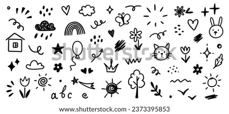 Hand drawn kid icon sketch funny cute element flower, cloud, balloon. Doodle line sketch childish element set. Flower, heart, cloud children draw style design elements background. Vector illustration