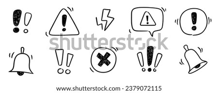 Doodle exclamation mark, alert danger sign set. Scribble hand drawn doodle exclamation triangle point, stop warning, hazard sign. Hand drawn sketch danger information sign. Vector illustration