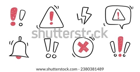 Doodle exclamation mark, alert danger sign set. Scribble hand drawn doodle exclamation triangle point, stop warning, hazard sign. Hand drawn sketch danger information sign. Vector illustration