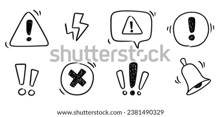 Doodle exclamation mark, alert danger sign set. Scribble hand drawn doodle exclamation triangle point, stop warning, hazard sign. Hand drawn sketch danger information sign. Vector illustration