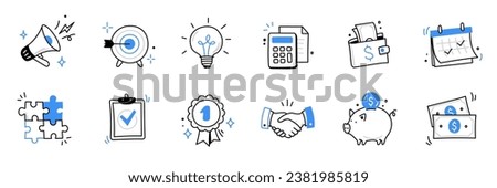 Hand drawn business, money icon set. Finance, money, marketing sketch drawn cute trendy doodle icon. Business money, finance calculator, economic elements. Vector illustration