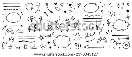 Sketch line arrow element, star, heart shape. Hand drawn doodle sketch style circle, cloud speech bubble grunge element set. Arrow, star, heart brush decoration. Vector illustration.