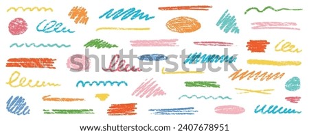 Crayon brush underline color stroke. Chalk kid highlight scribble stroke. Vector hand drawn brush underline element set for accent, crayon texture emphasis element. Rough chalk vector illustration