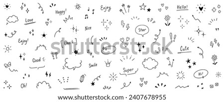 Doodle cute star, heart, arrow pen line elements. Doodle heart, emphasis, star, sparkle decoration symbol set icon. Simple sketch line style text decoration, emphasis elements. Vector illustration