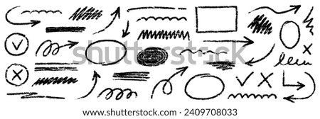 Chalk scribble arrow, line brush set. Crayon arrow, underline, handwritten mark check elements. Vector hand drawn scribble crayon, marker sketch brush texture. Rough chalk vector illustration