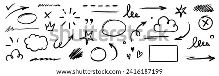Line text highlight, hand drawn pen brush marker vector. Line text underline, emphasis, star, arrow mark element. Hand drawn stroke, crown, love heart, pencil swoosh shape. Vector illustration.