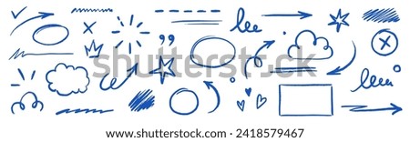 Line text highlight, blue hand drawn pen brush marker vector. Line text underline, emphasis, star, arrow mark element. Hand drawn stroke, crown, love heart, pencil swoosh shape. Vector illustration.