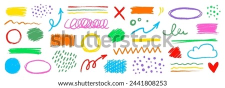 Crayon color pencil texture brush stroke element. Children crayon color brush stroke texture arrow, circle, underline shape. Hand drawn childish chalk pencil scribble. Vector illustration.