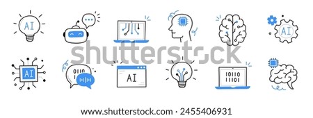 Artificial ai brain icon. Ai machine digital robot hand drawn doodle line icon. Artificial brain algorithm machine science concept. Hand drawn sketch style cute blue line. Vector illustration