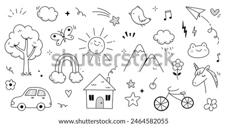 Kid cute doodle set. Cute sun, house, tree kid doodle sketch style vector. Hand drawn sun, car, rainbow elements. Funny children pen outline flower, bird, butterfly. Vector illustration.