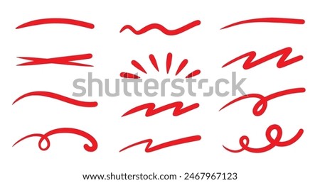 Red squiggle brush scribble underline. Marker pen emphasis highlight red swoosh stroke. Vector swoosh brush underline set for accent, marker emphasis squiggle element. Vector illustration