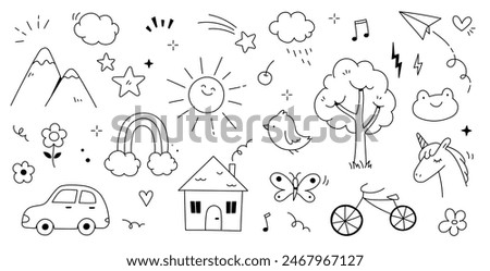 Kid cute doodle set. Cute sun, house, tree kid doodle sketch style vector. Hand drawn sun, car, rainbow elements. Funny children pen outline flower, bird, butterfly. Vector illustration.