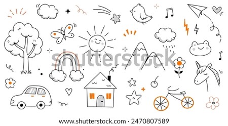 Kid cute doodle set. Cute sun, house, tree kid doodle sketch style vector. Hand drawn sun, car, rainbow elements. Funny children pen outline flower, bird, butterfly. Vector illustration.