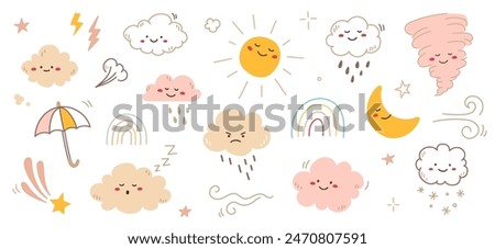 Cloud rain weather cartoon cute set. Cloud, sun, moon weather character with smile and angry face. Hand drawn doodle sketch style. Rainbow, wind, tornado doodle character. Vector illustration.