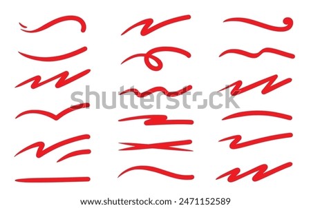 Red squiggle brush scribble underline. Marker pen emphasis highlight red swoosh stroke. Vector swoosh brush underline set for accent, marker emphasis squiggle element. Vector illustration