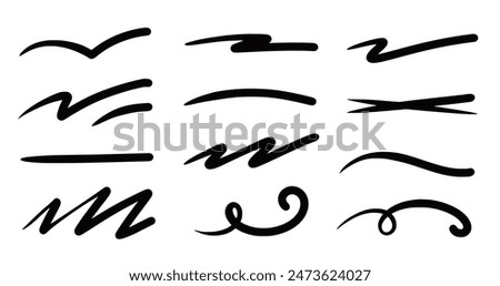 Squiggle brush scribble underline. Marker pen emphasis highlight swoosh stroke. Vector swoosh brush underline set for accent, marker emphasis squiggle element. Vector illustration