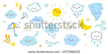 Cloud rain weather cartoon cute set. Cloud, sun, moon weather character with smile and angry face. Hand drawn doodle sketch style. Rainbow, wind, tornado doodle character. Vector illustration.