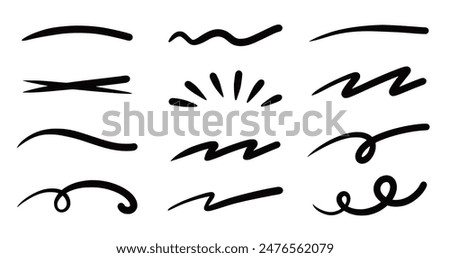 Squiggle brush scribble underline. Marker pen emphasis highlight swoosh stroke. Vector swoosh brush underline set for accent, marker emphasis squiggle element. Vector illustration