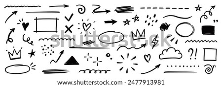 Line shape marker underline, arrow, heart brush element set. Hand drawn sketch marker underline shape, arrow, heart scribble brush pen stroke element. Crown, love graphic icon. Vector illustration