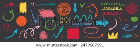 Arrow abstract brush line stroke color vector set. Kid color paint square, spiral, arrow element shape scribble line brush hand drawn sketch design. Grunge abstract chalk, crayon pencil style. Vector