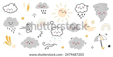 Cloud rain weather cartoon cute set. Cloud, sun, moon weather character with smile and angry face. Hand drawn doodle sketch style. Rainbow, wind, tornado doodle character. Vector illustration.