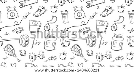 Doodle gym sketch health seamless pattern background. Hand drawn sketch doodle healthy sport, gym fit exercise equipment background. Hand drawn tennis ball, bottle, dumbbell fit. Vector illustration