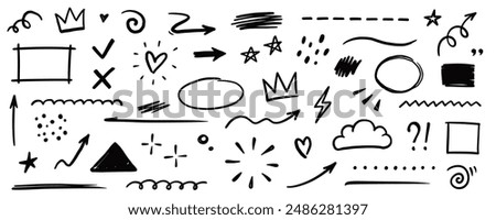 Line shape marker underline, arrow, heart brush element set. Hand drawn sketch marker underline shape, arrow, heart scribble brush pen stroke element. Crown, love graphic icon. Vector illustration