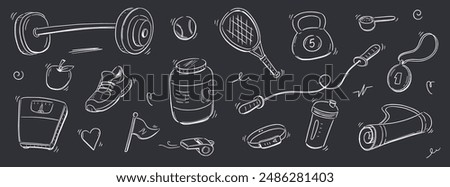 Sport gym sketch health icon set. Hand drawn sketch doodle healthy sport, gym fit exercise equipment icon.Doodle hand drawn tennis ball, bottle, dumbbell fit equipment. Vector illustration.