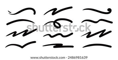 Squiggle brush scribble underline. Marker pen emphasis highlight swoosh stroke. Vector swoosh brush underline set for accent, marker emphasis squiggle element. Vector illustration