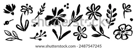 Flower abstract hand drawn brush ink stroke. Sketch hand drawn silhouette floral plant, nature graphic leaf, floral grunge abstract brush. Vector simple flower, leaf ink stroke. Vector illustration