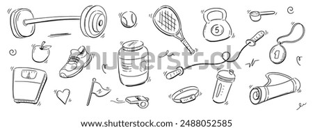 Sport gym sketch health icon set. Hand drawn sketch doodle healthy sport, gym fit exercise equipment icon.Doodle hand drawn tennis ball, bottle, dumbbell fit equipment. Vector illustration.