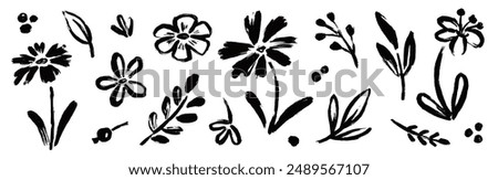 Flower abstract hand drawn brush ink stroke. Sketch hand drawn silhouette floral plant, nature graphic leaf, scribble grunge brush texture. Vector simple flower, leaf ink stroke. Vector illustration