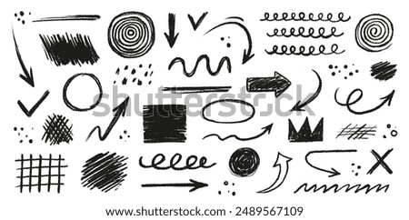 Arrow line hand drawn brush vector set. Grunge square, spiral, arrow element scribble line brush hand drawn sketch design. Grunge abstract chalk, crayon pencil style. Vector illustration.