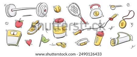 Sport gym sketch icon set. Hand drawn sketch doodle healthy sport, gym fit exercise equipment icon.Doodle hand drawn tennis ball, bottle, dumbbell fit equipment. Vector illustration.