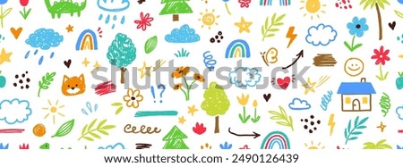 Cute kid flower, child element seamless pattern. Hand drawn doodle sketch children cute vector school chalk background. Kids doodle crayon style line flower, cloud doodle pattern. Vector illustration