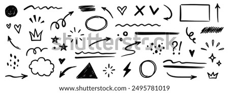 Line shape marker underline, arrow, heart brush element set. Hand drawn sketch marker underline shape, arrow, heart scribble brush pen stroke element. Crown, love graphic icon. Vector illustration