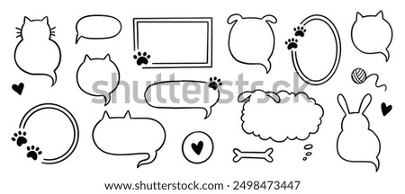 Cat dog pet frame, speech bubble cute set. Hand drawn sketch doodle line style animal pet frame design. Cat, dog paw cute talk speech bubble design. Puppy round footprint badge. Vector illustration.