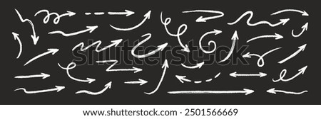 Arrow crayon brush doodle chalk line stroke. Sketch pencil texture line scribble arrow icon. Hand drawn grunge crayon brush sketch direction element on chalkboard. Vector illustration