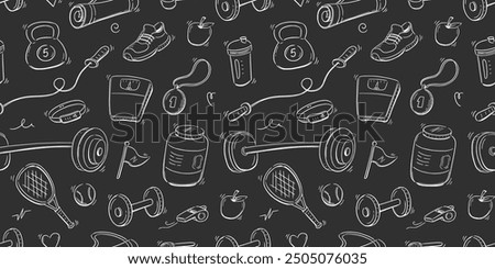 Doodle gym sketch health seamless pattern background. Hand drawn sketch doodle healthy sport, gym fit exercise equipment background. Seamless sport chalkboard pattern. Vector illustration