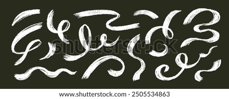 Brush line stroke squiggly paint set on chalkboard. Hand drawn doodle swirl wave brush curly charcoal stroke. Line squiggly paint curly hand drawn ink calligraphy elements. Vector illustration.