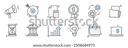 Hand drawn doodle business, money icon set. Finance, money, marketing sketch drawn cute trendy line doodle icon. Business bank, finance calculator, economic goal elements. Vector illustration