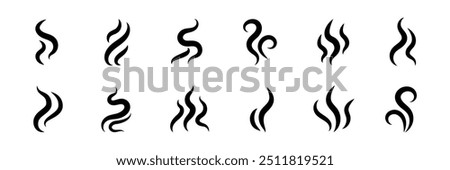 Smoke steam icon vector logo set. Smoke smell, steam aroma heat icon illustration. Hot vapor fire doodle line logo. Hit stink, coffee, fragrance flame elements. Vector illustration.