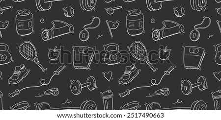 Doodle gym sketch health seamless pattern background. Hand drawn sketch doodle healthy sport, gym fit exercise equipment background. Seamless sport chalkboard pattern. Vector illustration