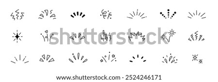 Line confetti exclamation icon elements. Hand drawn confetti explosion burst ray shine line icon illustration. Spark exclamation emphasis ray twinkle starburst decoration. Vector illustration.