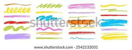 Crayon brush color pencil underline. Crayon pencil line chalk highlight stroke. Vector hand drawn brush sketch element set for accent, texture emphasis paint. Color kid chalk vector illustration