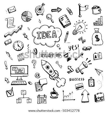 Set of business and start up doodles. Hand drawn financial doodle sketch elements: hourglass, rocket, book, arrow, graph, chart, laptop, tool. Vector illustration.