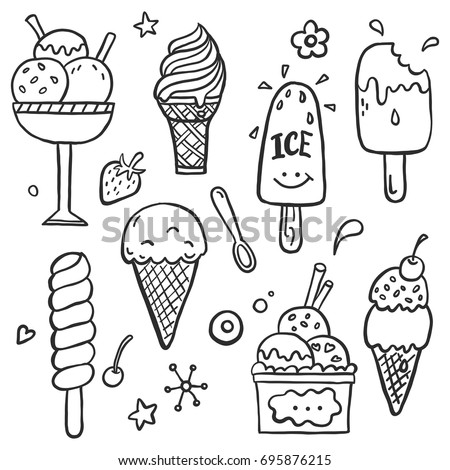 Hand drawn set of doodle with different ice cream types: waffle cone, cup ice cream, popsicle, sundae. Sketch style vector illustration for cafe menu, card, birthday card decoration.   