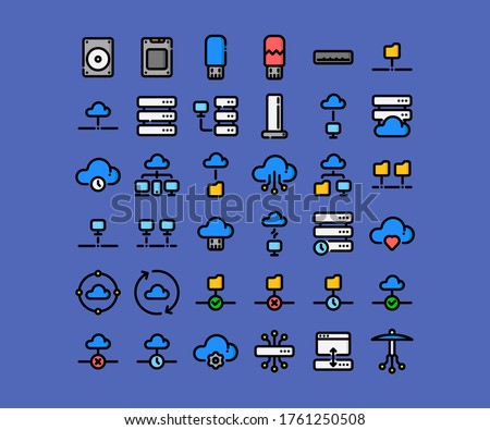 The set of vector cloud and server icons in the colored line style